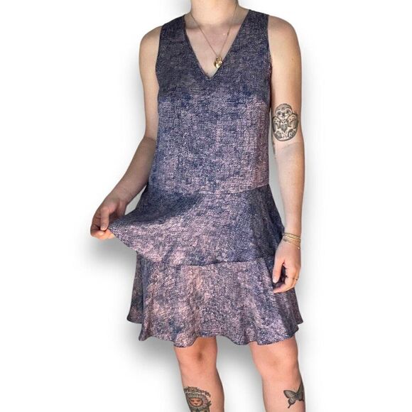 NWOT Rebecca Taylor Womens Blue Purple Geometric Ruffle Silk Mini Dress Sz 6 - Picture 2 of 8